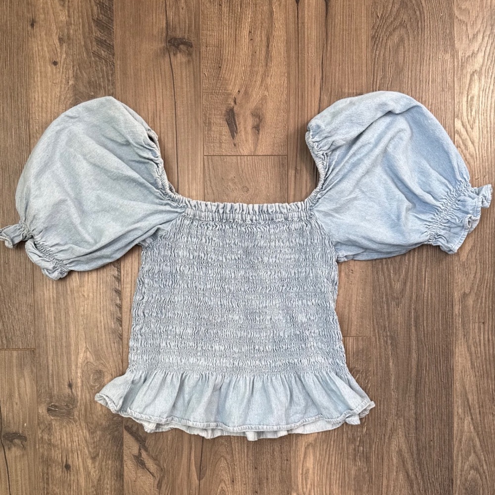 LOTUS LAVENDER‎ Smocked Puff Sleeve Peplum Top Light Wash Denim XL - Picture 2 of 3